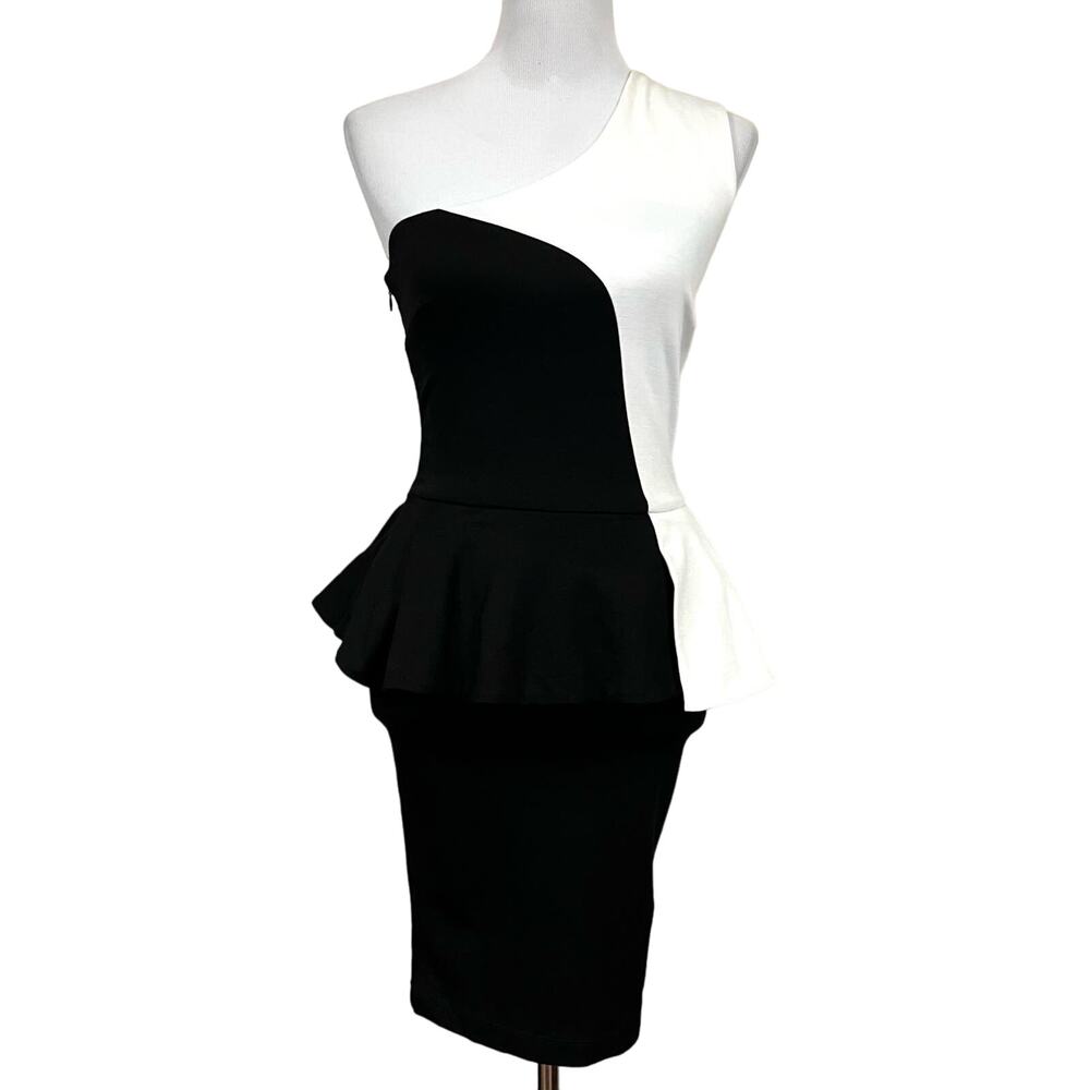 Torn Ronny Kobo Vintage Dress Black White One Shoulder Midi 90s Stretch Knit S